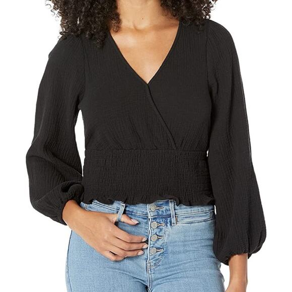 Madewell Black Cropped Long Sleeve Blouse Size XXS Balloon Sleeve Elastic Waist - Picture 2 of 12